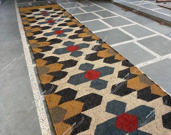 Handwoven Wool Jute Kilim Runner Rug - Bohemian Decor