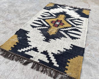 Handwoven Wool Jute Kilim Runner - Traditional Southwestern Tribal Rug - Boho Hallway Carpet - Custom Size Turkish Style Runner