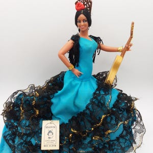 Vintage Marin Chiclana Espana Flamenco Dancer Doll Spain Blue Outfit Guitar Rose