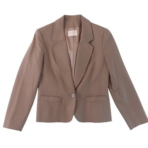 May include: A tan blazer with a single-button closure, notched lapels, and two front pockets. The tailored jacket is made of a smooth fabric and has a classic, professional design. The blazer is a neutral color, suitable for various outfits.