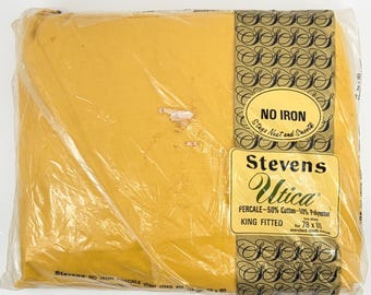 Vintage Stevens Utica King Fitted Sheet Mustard Yellow Percale No Iron Made USA