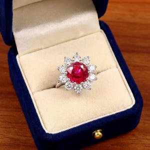 10x10 mm Burmese Red Ruby Halo Flower Cluster Diamond Ring For Anniversary or Engagement Gift