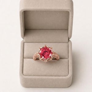 May include: A rose gold ring featuring a large, round, faceted pink gemstone set within a six-pointed star-shaped bezel. The band of the ring is constructed from a coiled wire design, presented inside a beige, velvet-lined jewelry box.