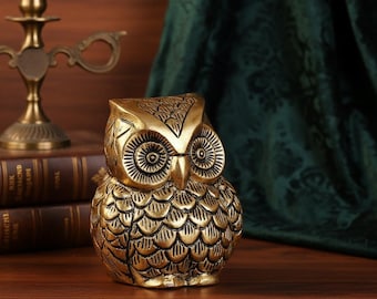 Handcrafted Metal Owl Figurine, Antique Brass Finish, Wisdom Symbol Decor