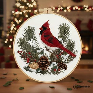 DIY Embroidery Kit for Beginners | Bird Wreath Needlepoint Hoop Art | Winter Christmas Craft Gift | Easy Pattern 8 Inch