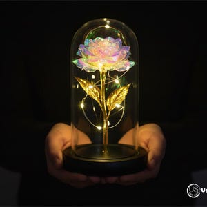 Könnte beinhalten: Eine dekorative Rose in einer Glaskuppel, beleuchtet von Lichterketten. Die Rose hat schillernde Blütenblätter und goldfarbene Blätter. Der Sockel ist schwarz und die Kuppel ist klar. Eine romantische, leuchtende Präsentation.