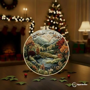 Puede incluir: Un bastidor de bordado redondo con una escena de paisaje detallada con un río, árboles y montañas. La obra de arte utiliza varios colores, incluyendo verdes, marrones y naranjas, creando una representación naturalista. El bastidor se exhibe sobre una superficie de madera con elementos decorativos.