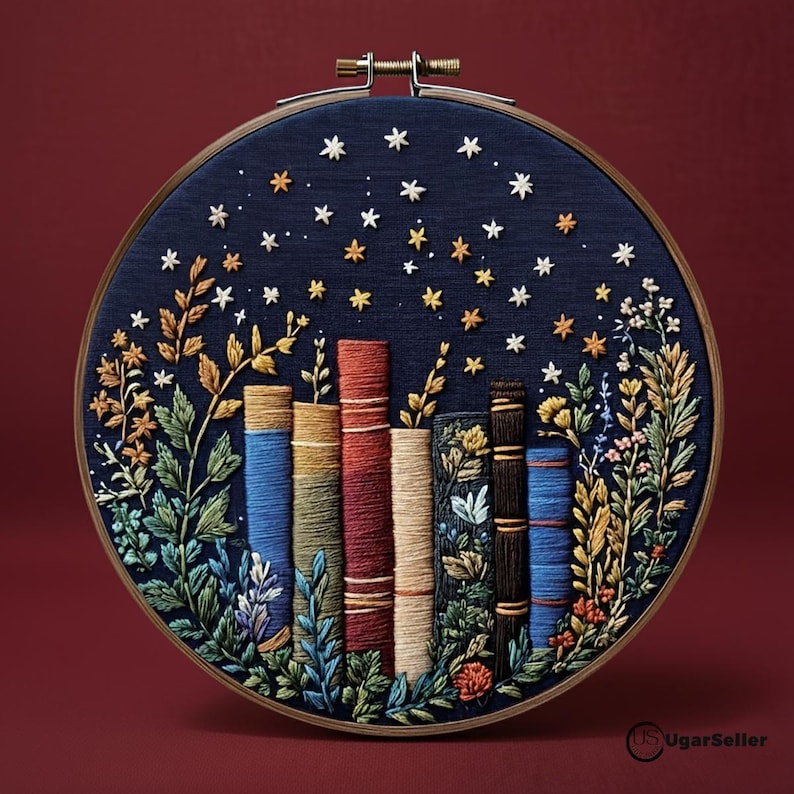DIY Book Stack Embroidery Kit With Hoop | Cozy Night Sky Needlepoint ...