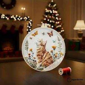 DIY Cat Embroidery Kit for Beginners | Floral Kitten Needlepoint Art | Complete Hand Sewing Craft Hoop Pattern | Perfect Gift