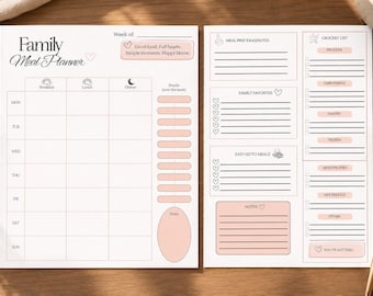 Family Meal Planner Printable | Grocery List Organizer | Minimalist Meal Planning Template