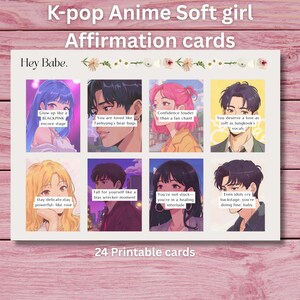 Cartes d'affirmation de style anime K-pop / 24 citations imprimables de filles douces codées en fan pour la guérison et l'amour de soi