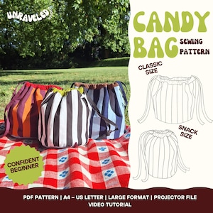 May include: A sewing pattern for a candy bag featuring three fabric drawstring pouches with vertical stripes in orange, purple, black, white, and blue. The image includes text labels for classic and snack sizes, a confident beginner badge, and file formats.
