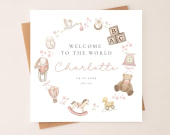 Personalised New Baby Girl Card | Nursery Wreath Design