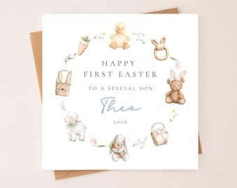 Personalised First Easter Card for Baby Boy | Bunny Wreath