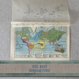 Mappa geografica mondiale antica litografia a colori c.1932 da Meyers Lexikon Vecchia mappa per incorniciatura