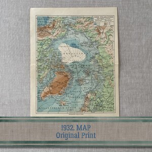 Impression lithographique couleur originale de la carte du pôle Nord de Meyers Lexikon, vers 1932, carte ancienne à encadrer