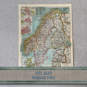 Landkarte von Skandinavien und Finnland Echte Farblithographie von Meyers Lexikon c.1932 Karte für die Wand Kunst Dekor