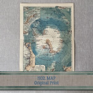 Lithographie couleur originale de la carte du continent antarctique de Meyers Lexikon, vers 1932, carte ancienne à encadrer