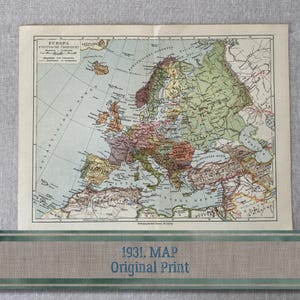 Map of Europe Original Color Lithograph Print c.1931 Meyers Lexikon