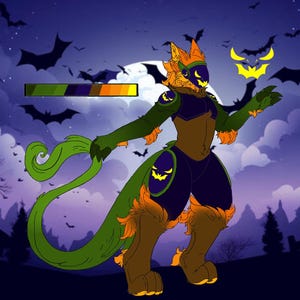 May include: A digital illustration of a Halloween-themed character with a bat-like appearance. The character is primarily green, orange, and brown, set against a purple night sky with bats and a full moon. The character has a pumpkin-like face.