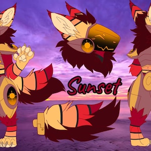 May include: Digital artwork of a furry character named "Sunset" in a sunset color scheme. The character has a robotic design with red, orange, and yellow accents. The image includes full body, head, and tail views.