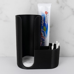 Badezimmer Organizer – Wattepads-Spender & 4-Fach Aufbewahrung für Zahnpasta, Wattestäbchen, Zahnbürsten – Modern, 3D-gedruckt, Schwarz