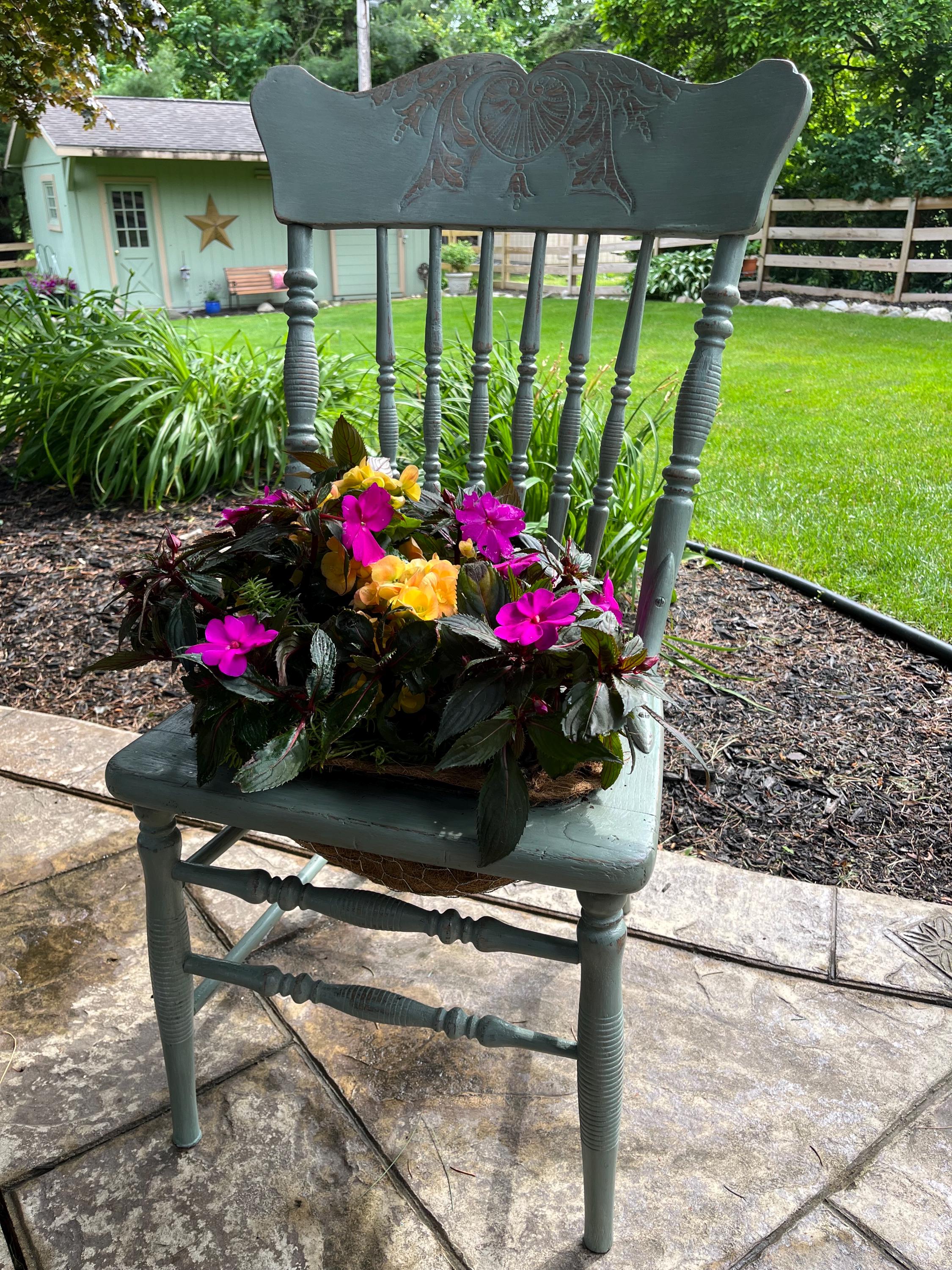 Vintage Chair Planter  Upcycled Outdoor Garden Decor with Floral Detail