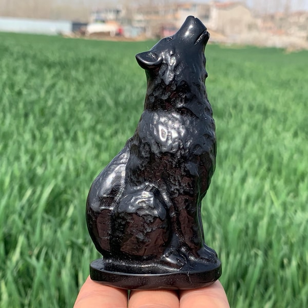 4,1 ''+ Natürlicher Obsidian Quarz, Bergkristall Kristall, handgeschnitzt, Kristall Wolf Hund, Wolf Hund Schädel, Kristall Weihnachtsgeschenke 1Stk