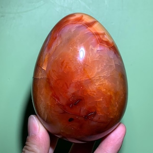 Op de afbeelding: Een gepolijst carneool ei, met een mix van oranje en rode tinten met natuurlijke adering. Het edelsteen ei wordt tegen een lichtgroene achtergrond gehouden, wat het gladde, reflecterende oppervlak benadrukt. Een decoratief en uniek item.