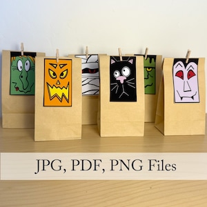 Puede incluir: Una colección de bolsas de papel marrón para golosinas, cada una adornada con un personaje diferente con temática de Halloween. Los personajes incluyen una bruja, una calabaza, una momia, un gato negro, Frankenstein y un vampiro. Las bolsas están cerradas con pinzas de madera.