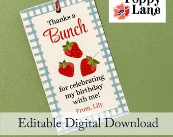 Aardbei bedanktag bewerkbaar, verjaardagsfeestje, eerste verjaardag bes, digitale download, aardbeien, gunst, feestartikelen
