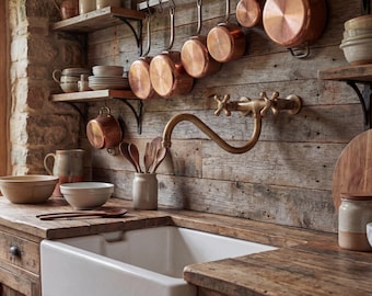 Grifo mural de latón sin revestimiento con manijas en forma de cruz, accesorio de baño o cocina de estilo antiguo hecho a mano.