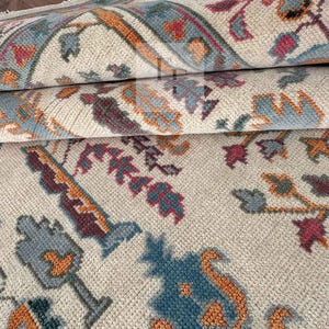 Off White Blue Border Oushak Rug Hand Knotted 8x10, 9x12, 10x14, Wool Traditional Vintage Antique Oushak Wool Area Rug For Living Room Rug