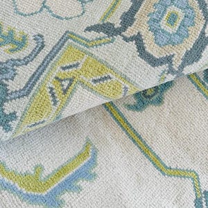 Hand-Knotted Beige Oushak Wool Rug: 9x12 Vintage Turkish Area Rug