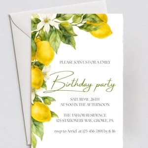 Lemon Birthday Invitation Template, Printable, Editable, Instant Download, Watercolor Citrus Summer Party Invite, Tuscan Lemon Theme