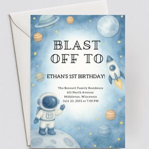Blast Off Birthday Invitation | Space Theme Canva Template | Editable Astronaut Invite for Kids