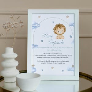 Time Capsule 1. Geburtstag Printable - Baby Andenken Kartenset - Bearbeitbares Blaues Löwen Thema
