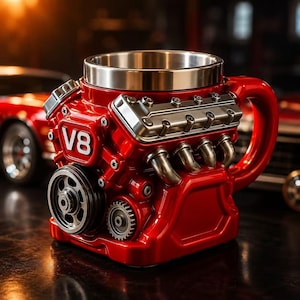 May include: A red ceramic mug shaped like a V8 engine block with a metallic silver rim and handle. The exterior features molded details including silver valve covers, exhaust headers, a pulley, and a gear. The text V8 is printed in white.
