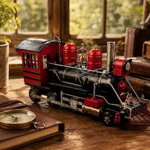 Puede incluir: Un modelo de locomotora de vapor de estilo antiguo con un esquema de color negro y rojo, dos tanques cilíndricos rojos, una pequeña campana dorada, una chimenea plateada y un apartavacas en la parte delantera como objeto decorativo.