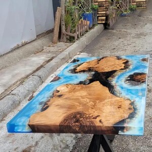 RESINHOMEFURNITURE Ocean River Epoxy Esstisch, Massivholz-Insel-Mittelstück, Konsole, Terrasse, Wohntisch, Esstisch, Küche