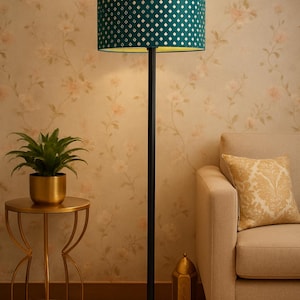 Modern Black Floor Lamp: Teal Floral Shade, Living Room Lighting