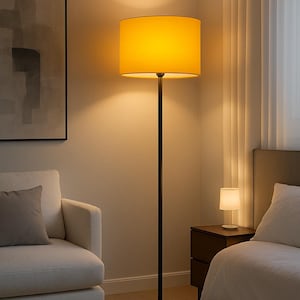 Modern Black Floor Lamp: Yellow Drum Shade, Minimalist Home Decor