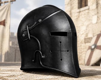 Medieval Black Barbuta, 18 Gauge Steel Knight Headgear, LARP Cosplay, Renaissance Display Piece