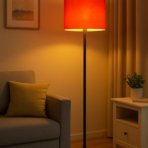 Modern Black Floor Lamp with Red Drum Shade - Minimalist Home Decor