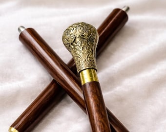 Vintage Brass Handle Walking Cane, Elegant Wooden Stick for Men