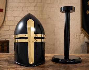 Handmade Black Sugarloaf Helmet, Crusader Knight Armor, Steel Cosplay Helm (Wooden Stand)