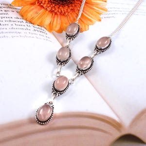 Natural rose quartz necklace,925 sterling silver necklace, handmade necklace, gift for her, anniversary gift, pink gemstone necklace
