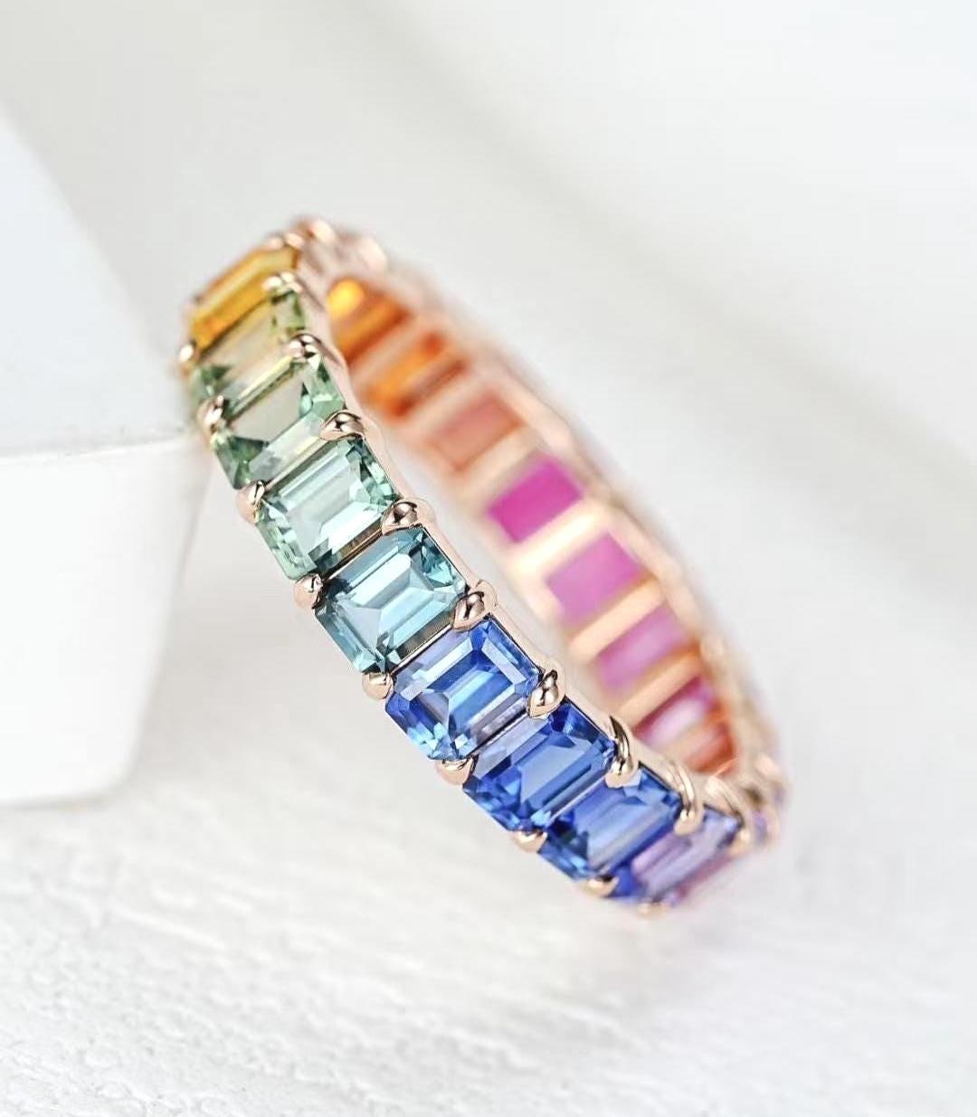 Infinity Ring Colorful Rainbow Sapphire Eternity Ring: Sterling Silver Multi-color Band ...