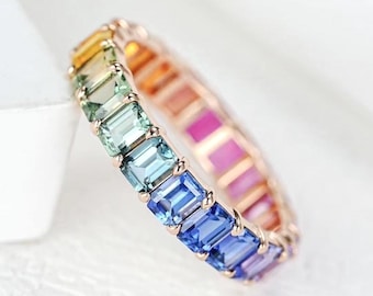 Rainbow Sapphire Eternity Ring: Sterling Silver Multi-Color Band , Colorful Lab Sapphire Eternity Band Ring in 925 Sterling Silver