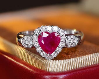 Sterling Silver Heart Ruby Ring • Art Deco Lab Ruby & Zircon Jewelry